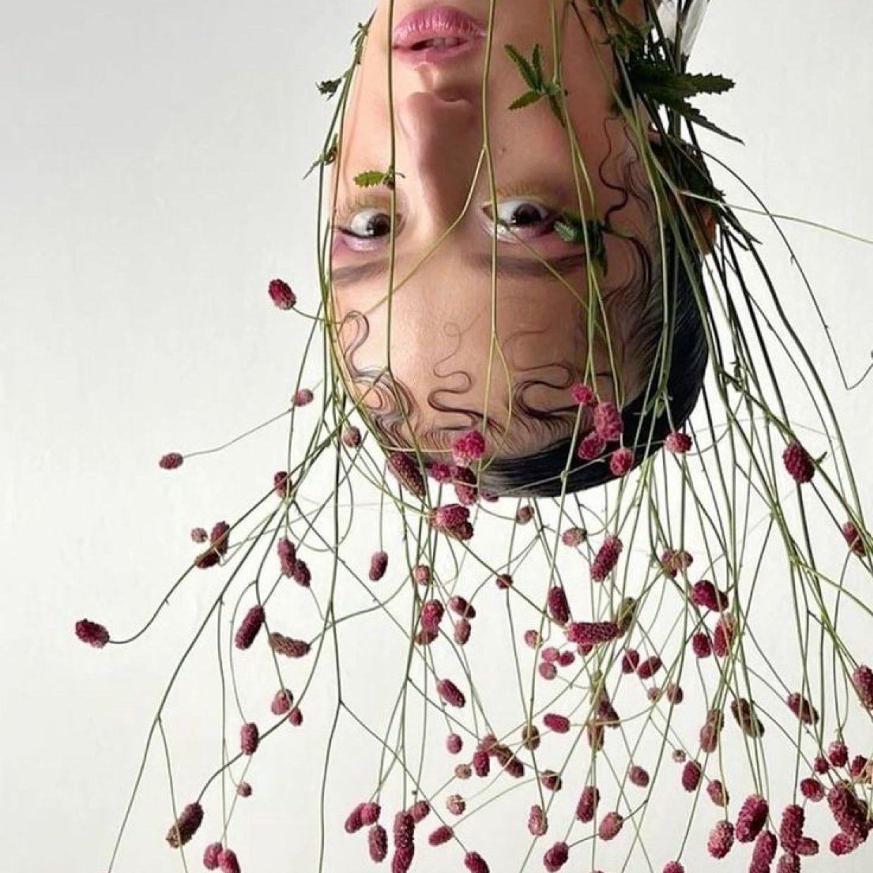 Close-up image of a woman with flowers around her eye, highlighting natural details.